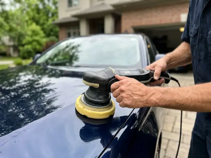Detailer polishing a luxury car hood