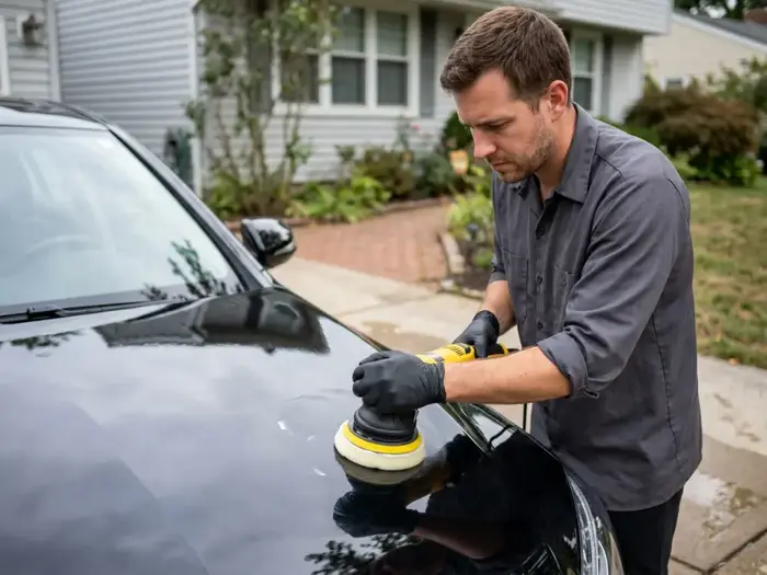 Detailer machine-polishing the fender of a black sports car with a dual-action polisher