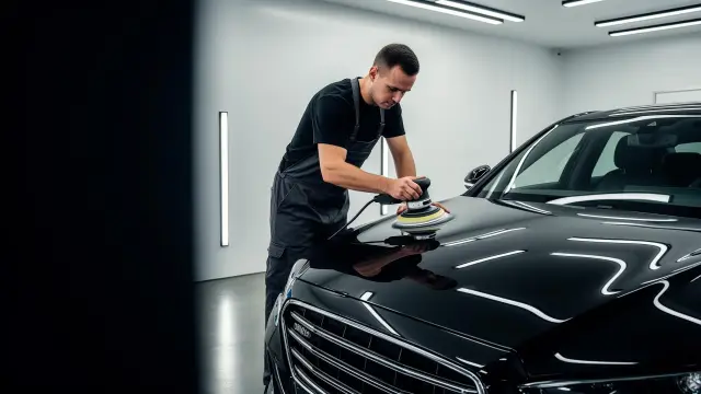 Detailer polishing a luxury car to a mirror shine in a professional Lutz, FL detailing studio
